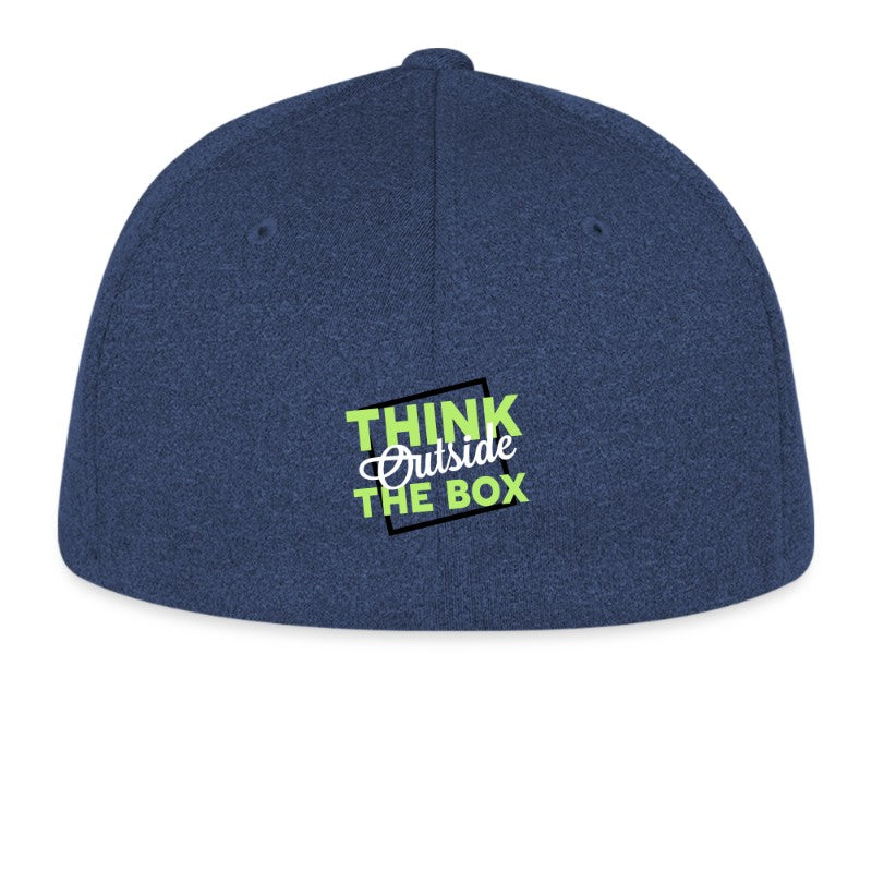 Blue cap with 'Think Outside The Box' text on a white background
