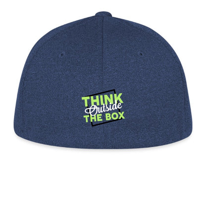 Blue cap with 'Think Outside The Box' text on a white background