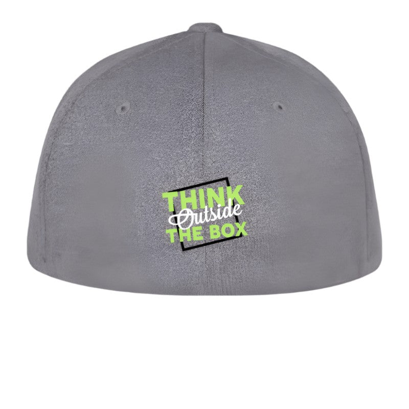 Gray cap with 'Think Outside The Box' text on a white background