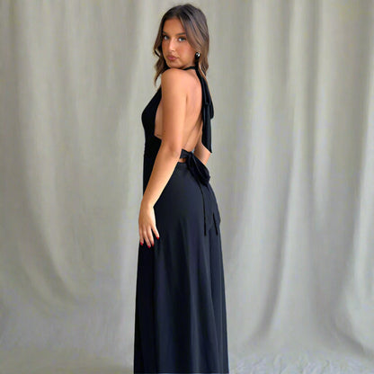 Flowing Backless Tie-Up Halter V-neck Dress - Lunacy Deals & Designs