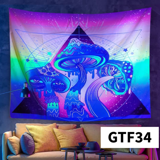 Colorful tapestry with abstract design featuring mushrooms and a skull, hanging on a wall above a couch.