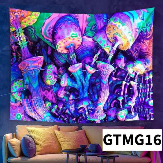 Colorful mushroom tapestry hanging on a wall above a sofa with 'GTMG16' label.