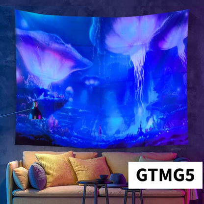 Futuristic tapestry with alien design hanging on a wall above a couch.