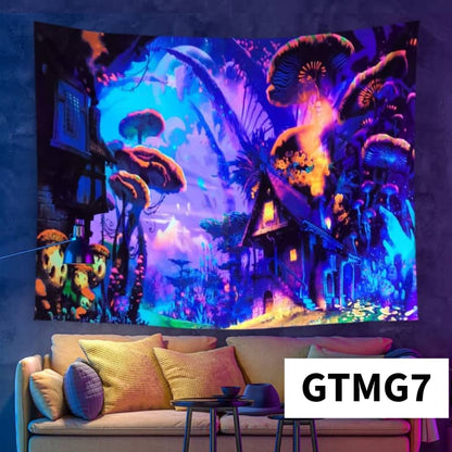 Colorful tapestry of a fantasy forest scene hanging on a wall above a couch.
