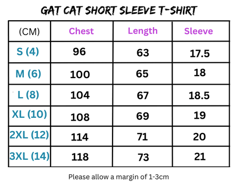 Gat Cat short sleeve T-shirt size chart featuring ferociously adorable cat design