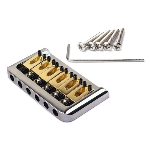 Guitar bridge with gold saddles and screws on a white background