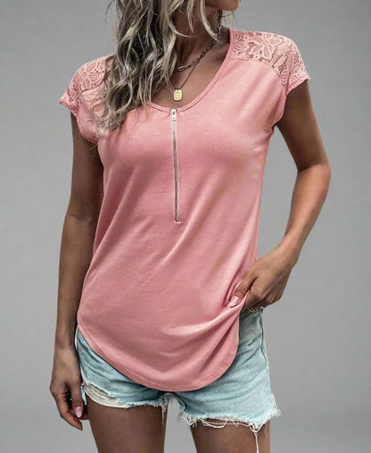 Women's Half Zip Blouse with Lace Cap Sleeves