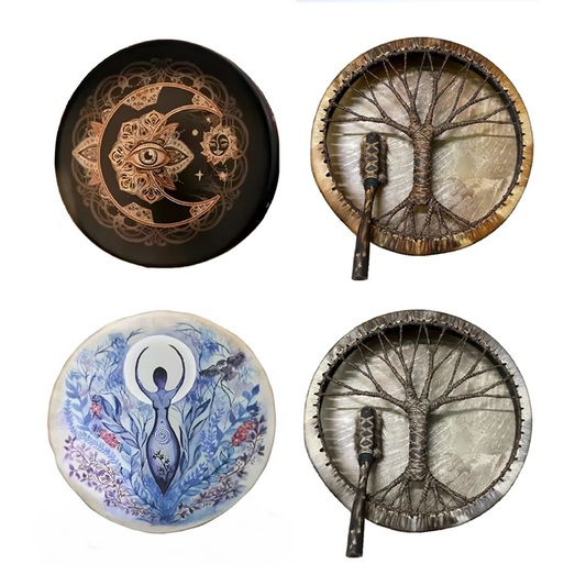 Four decorative drums with artistic designs on a white background