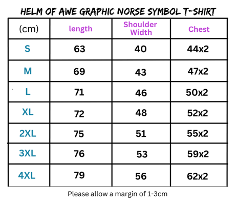 T-shirt size chart featuring awe graphic Norse symbol on Helm of Awe Graphic Norse T-Shirt