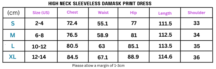 Dress size chart for high neck sleeveless damask print midi dress showcasing fit options