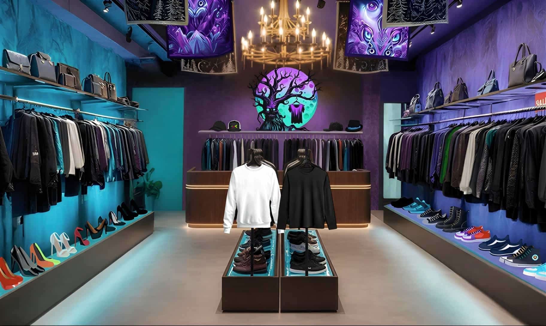 Lunacy Deals & Designs clothing store interior with colorful lighting and fashion displays.