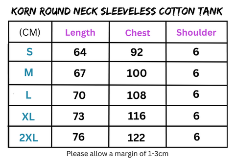 Sleeveless shirt size chart for Korn Round Neck Cotton Tank featuring round neck design