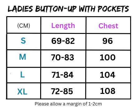 Ladies long sleeved button-up collared shirt size chart with chest pockets