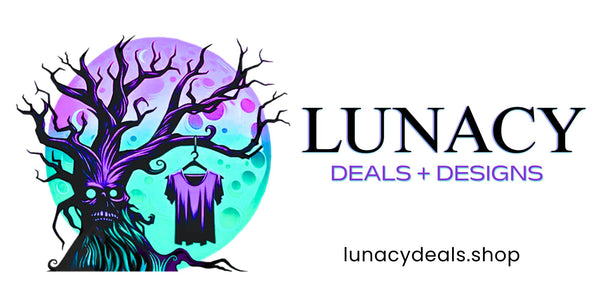 Logo of Lunacy Deals + Designs with a stylized tree and purple shirt on a white background.