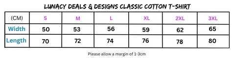 Lunacy Deals short sleeve T-shirt size chart for Classic Cotton T-shirt