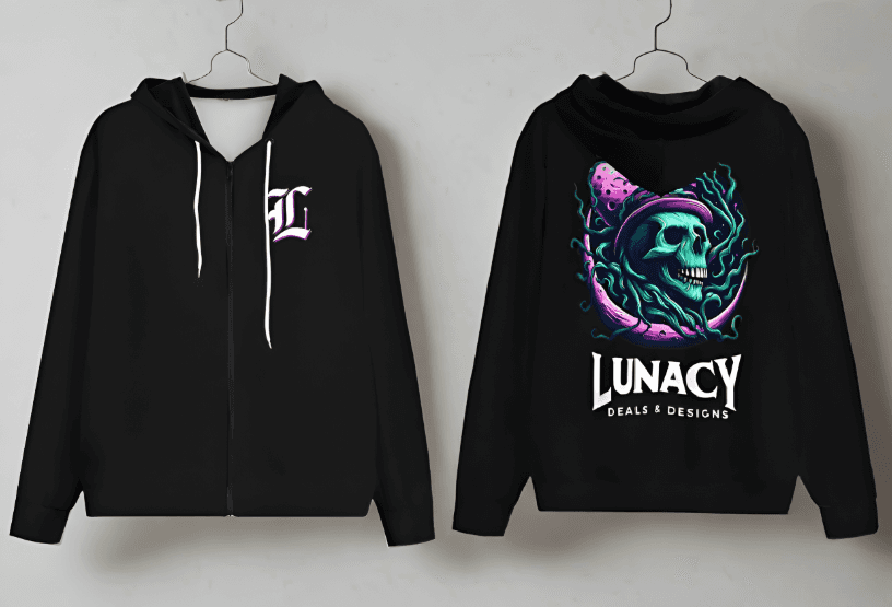 Polyester Lightweight Lunacy Zip Up Hoodie (Black) - Lunacy Deals & Designs