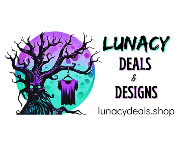 Logo for Lunacy Deals & Designs with a stylized tree and shirt on a white background