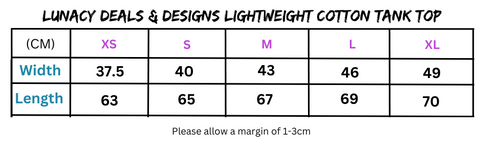 Lunacy Deals Lightweight Cotton Tank Top Size Chart for Women