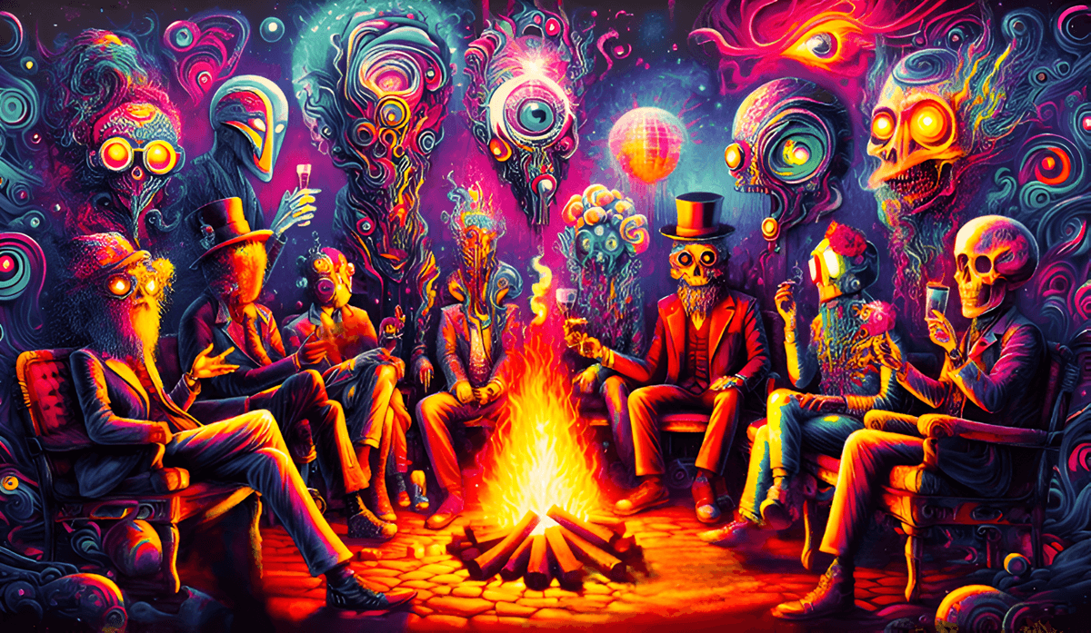 8 obscure characters sitting on armchairs around a fire with colorful designs in the background