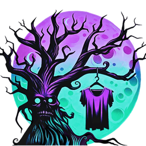Tree-like creature with glowing eyes and a shirt hanging from a branch against a colorful moon background.
