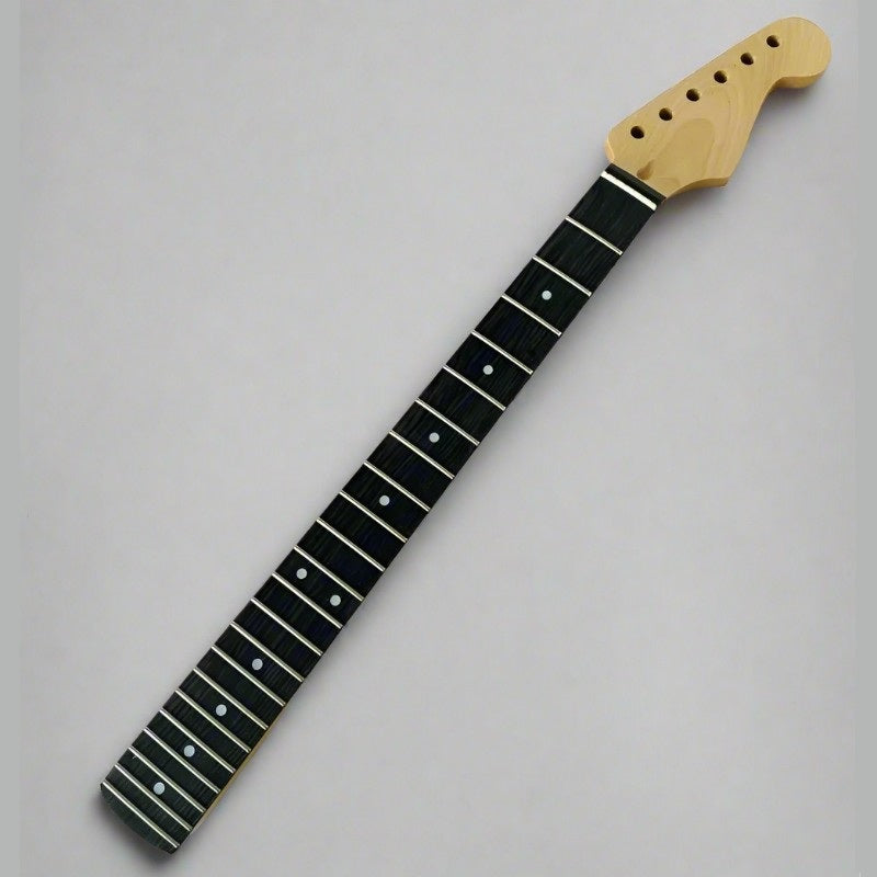 Guitar neck with black fretboard and white dot inlays on a gray background