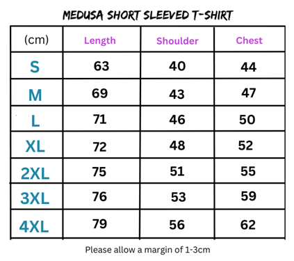 Medusa short-sleeved t-shirt size chart for Women’s Medusa Crew Neck Short Sleeved T-Shirt