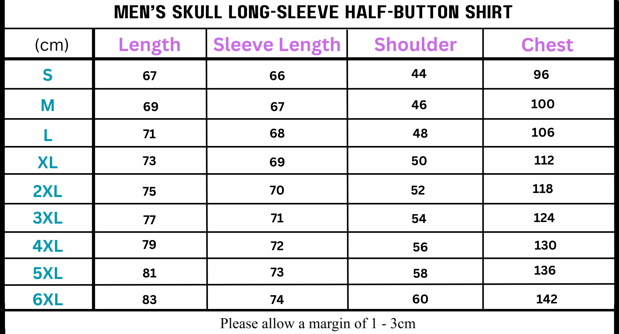 Men’s Skull Long Sleeve Shirt size chart showcasing versatile long sleeve shirts feature deadly design
