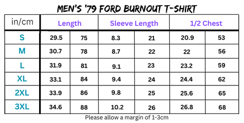 Men’s 79 Ford Burnout Lightweight T-shirt size chart for ford burnout and burnout lightweight apparel