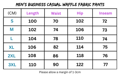 Men’s Business Casual Waffle Fabric Pants size chart featuring business casual drawstring style