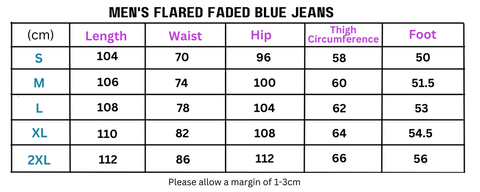Size chart for Men’s Classic Flared Faded Blue Jeans showcasing faded blue jeans fit options