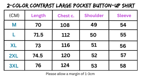 Clothing size chart for Men’s Cotton 2-Color Contrast Shirt with Chest Pockets