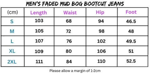 Men’s faded Mud Bog Bootcut Jeans size chart for bog bootcut jeans and mud bog styles