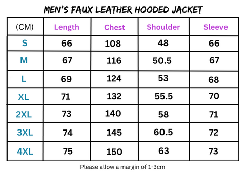 Men’s faux leather hooded jacket size chart showing fit guide and measurements