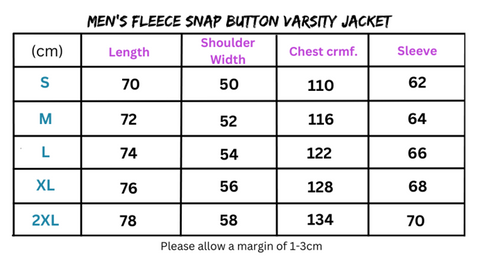 Men’s fleece snap button varsity jacket size chart display for stylish varsity jackets