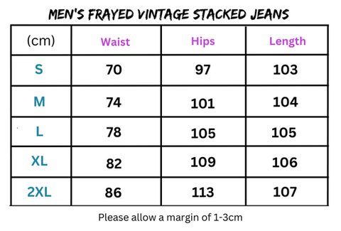 Size chart for Men’s Frayed Vintage Stacked Jeans showing fit and measurements