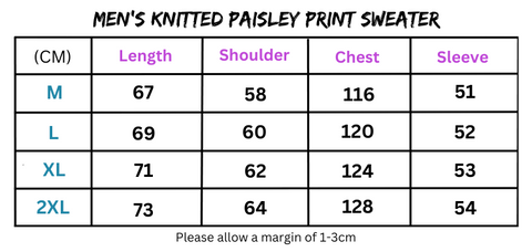 Men’s Jacquard Paisley Long Sleeved Sweater Size Chart for Men