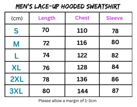 Men’s lace-up hooded sweatshirt size chart displaying fit guide and measurements