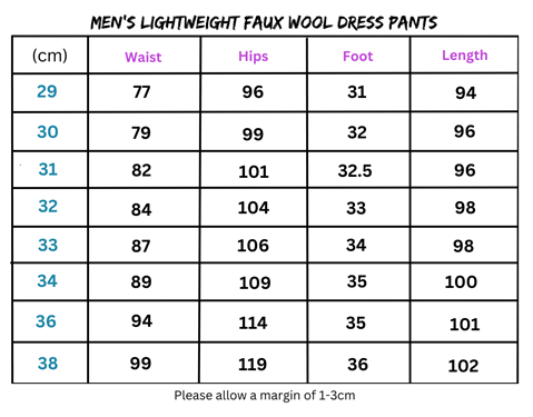 Size chart for men’s lightweight faux wool dress pants with faux wool material