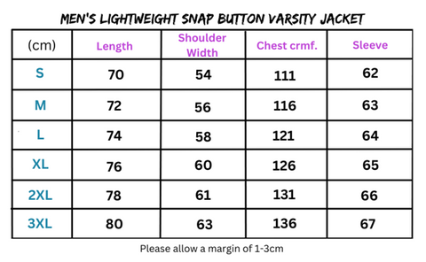 Men’s lightweight varsity jacket size chart showcasing snap button design