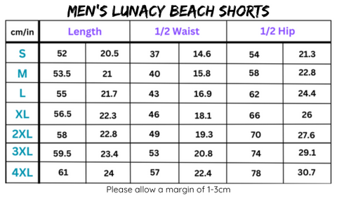 Men’s Lunacy Drawstring Board & Beach Shorts size chart with mesh inner lining