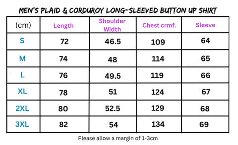 Men’s shirt size chart for black plaid long-sleeved collared shirt fabric fitting guide