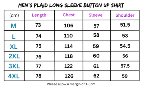 Men’s plaid long sleeve shirt size chart for plaid long sleeve button up style