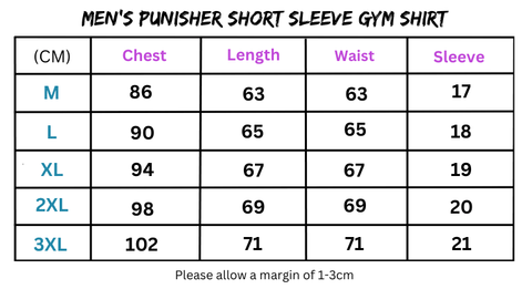 Men’s Punisher Short Sleeve Gym Shirt size chart showing fit and sizing details.