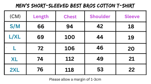 Men’s t-shirt size chart for best bros cotton men’s short-sleeved T-shirt