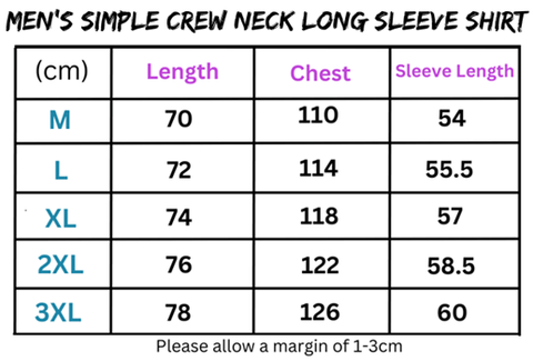 Men’s shirt size chart for crew neck long sleeve shirts showing size options and fit.