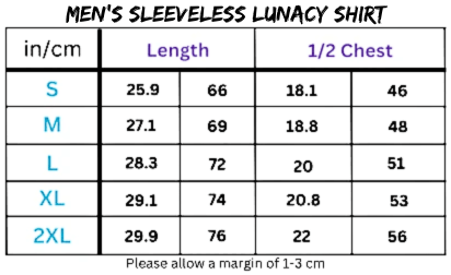 Men’s Sleeveless Lunacy Shirt size chart showcasing lightweight cotton sleeveless options