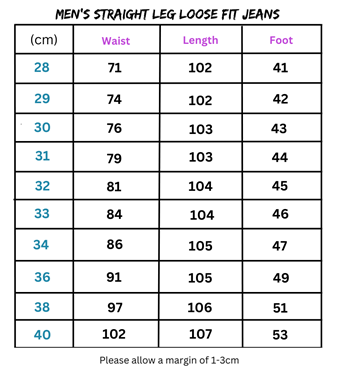 Men’s jeans size chart for straight leg loose fit casual jeans for Men