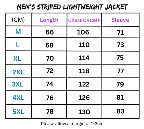Size chart for Men’s striped lightweight jacket with detachable hood and removable features