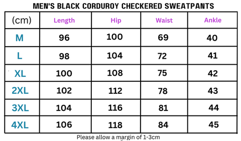 Size chart for Men’s Black Corduroy Checkered Sweatpants showing fit and measurements