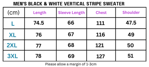 Men’s sweater size chart featuring a black and white vertical stripe lightweight sweater